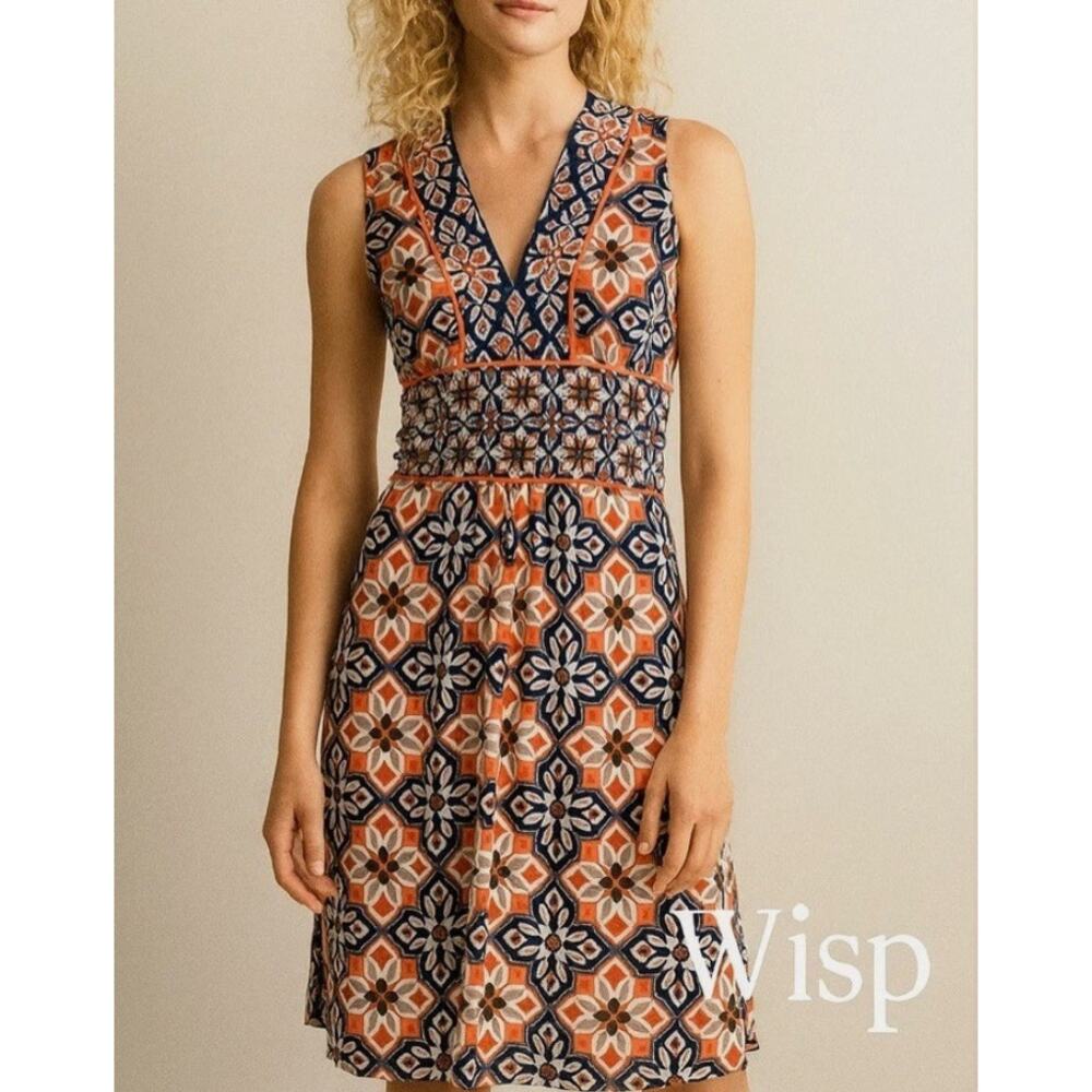 Wisp Ryenne Jersey Dress Orange Blue Medallion Print V-Neck Sleeveless Size 6
